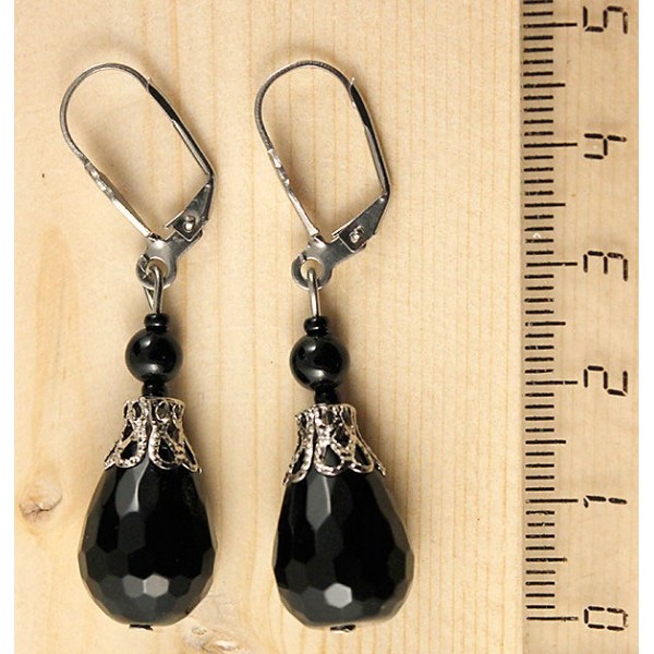 Серьги из агата черного, капля 18х12мм огранка + шарик 5мм, шапочка