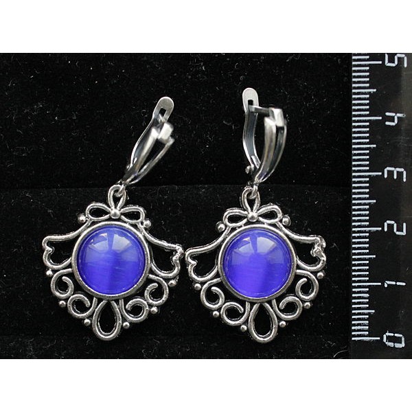 Серьги из кошачьего глаза (синт.), круг 12мм, цвет синий индиго, оправа