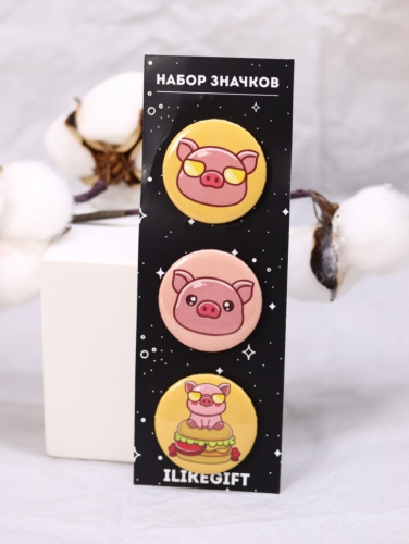 Набор значков 3 шт. iLikeGift «Cool pig with glasses»