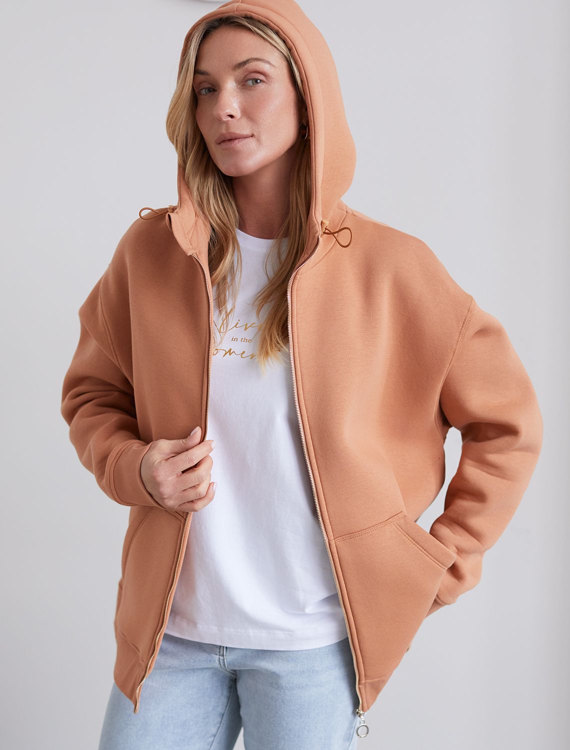 Худи на молнии из премиального футера трехнитки с начесом D49.062 охра