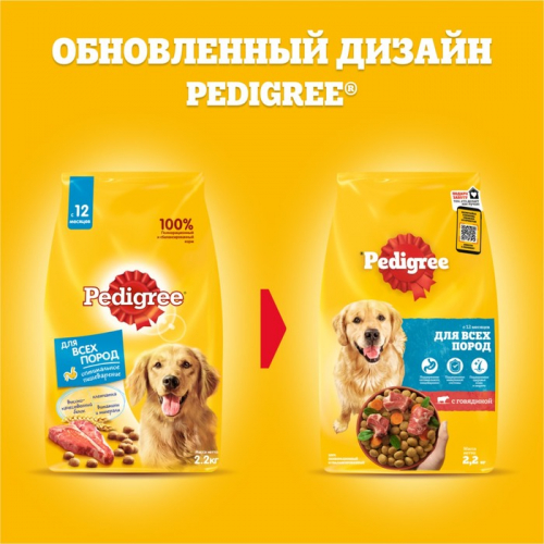 Сухой корм Pedigree для взрослых собак всех пород, говядина, 2,2 кг.