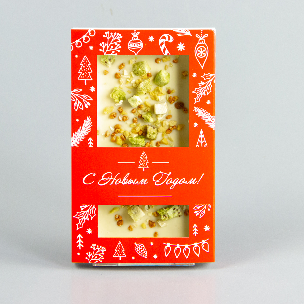 Белый шоколад с манго, киви и карамелизированным фундуком, красная коробочка #6