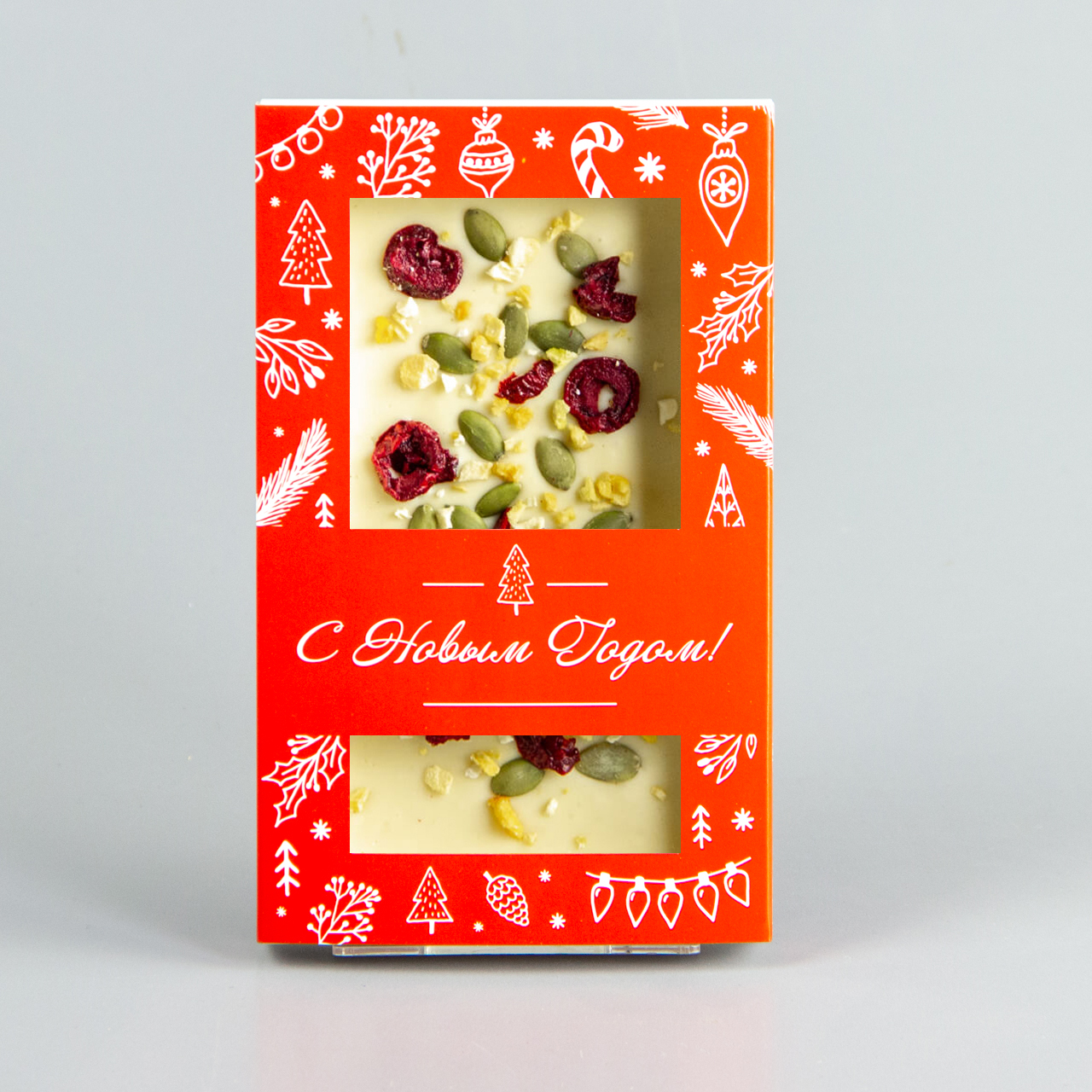 Белый шоколад с манго, вишней и семечками тыквы, красная коробочка #5
