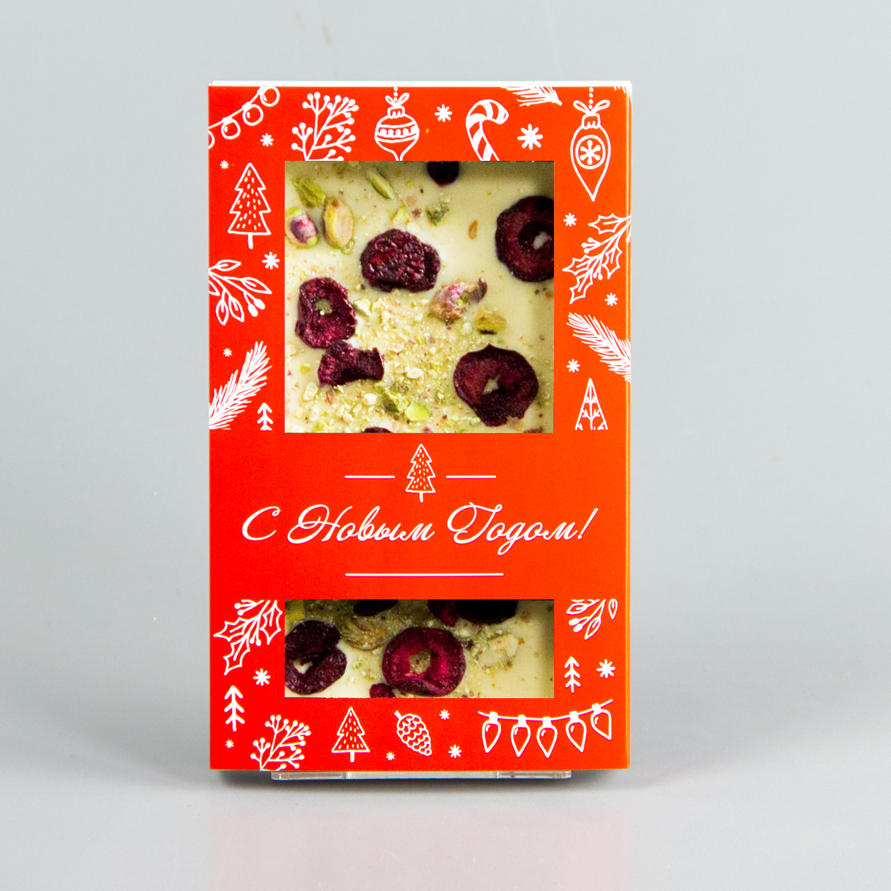 Белый шоколад с вишней и фисташками, красная коробочка #11