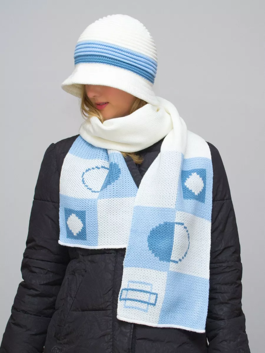 Комплект шляпа+шарф женский весна-осень Mario (Цвет голубой), размер 56-58, шерсть 30%