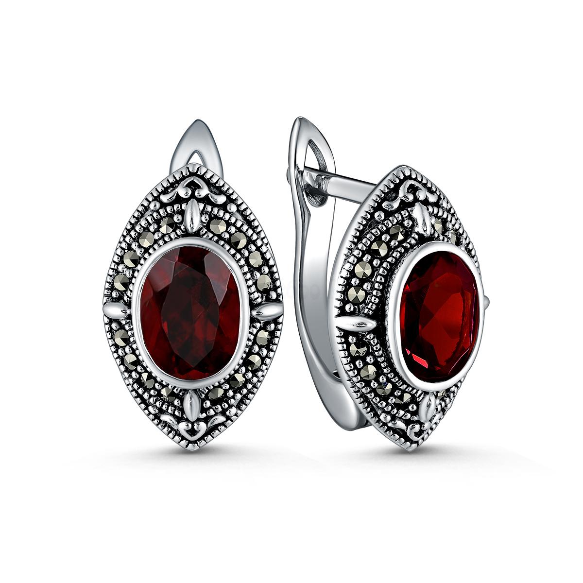 Серьги из чернёного серебра с натуральным гранатом и марказитами 925 пробы HE1751-AFG-LK