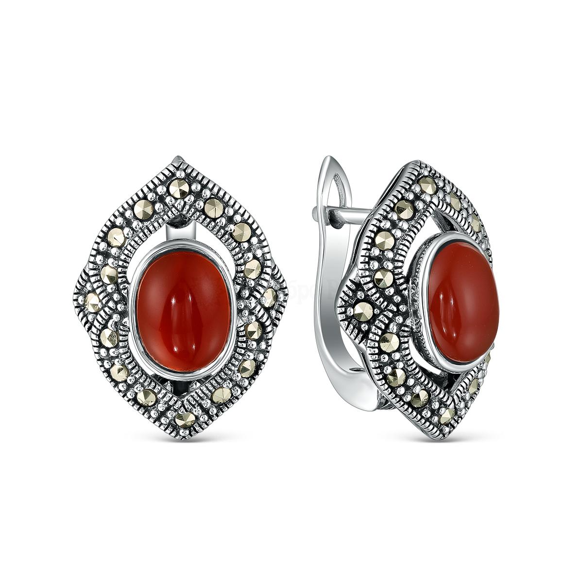 Серьги из чернёного серебра с агатом и марказитами 925 пробы HR0335-RD-LK