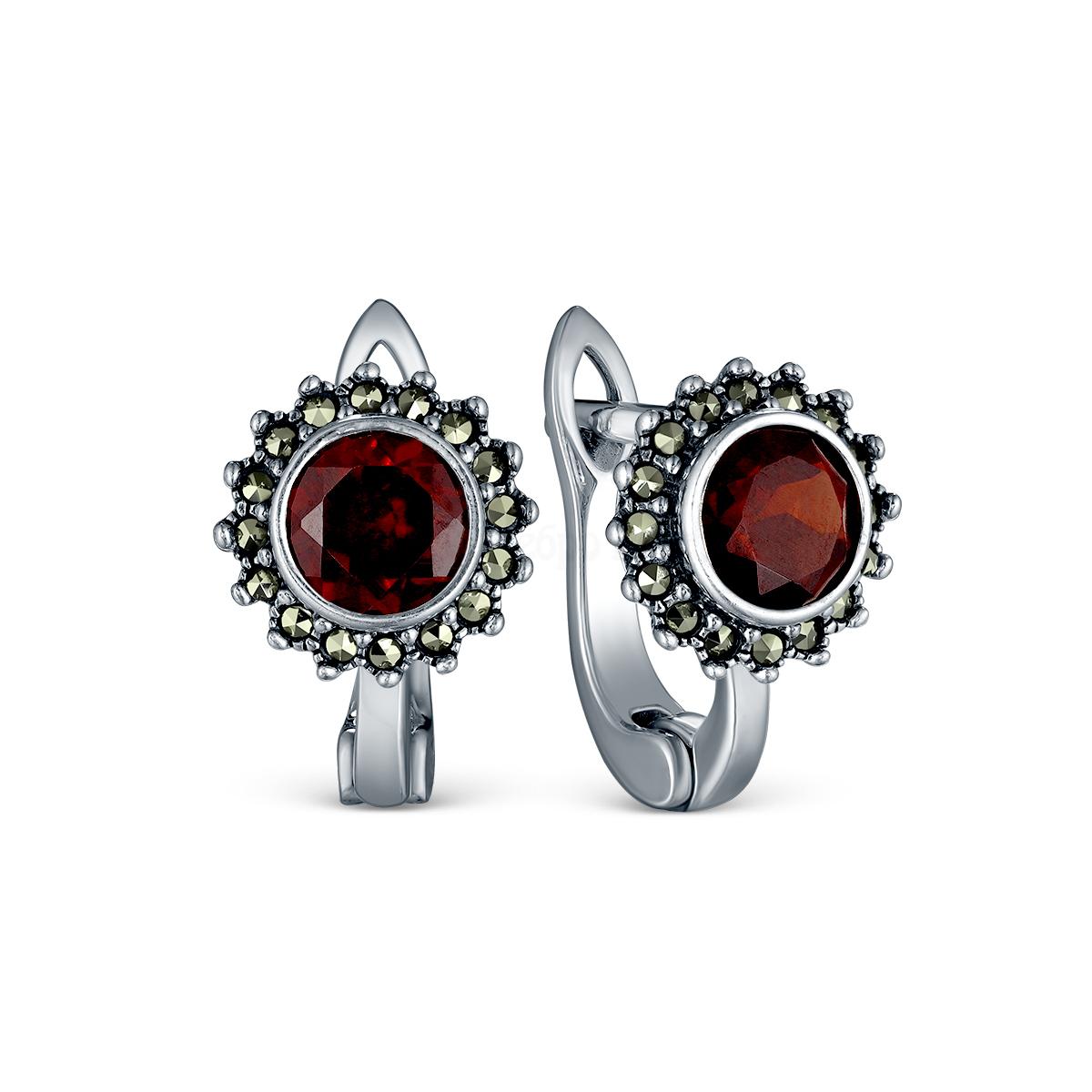 Серьги из чернёного серебра с натуральным гранатом и марказитами 925 пробы HE1754-AFG-LK