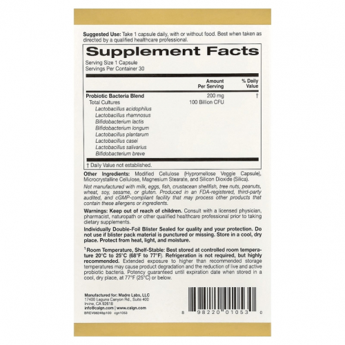 California Gold Nutrition, LactoBif® 100, пробиотики, 100 млрд КОЕ, 30 растительных капсул