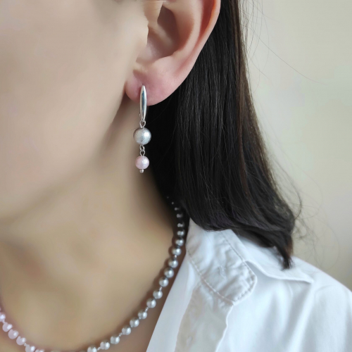 Серьги из хлопкового жемчуга серый + пастельно-розовый цвета