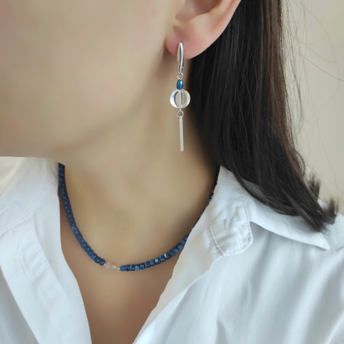 Серьги горный хрусталь + синий гематит