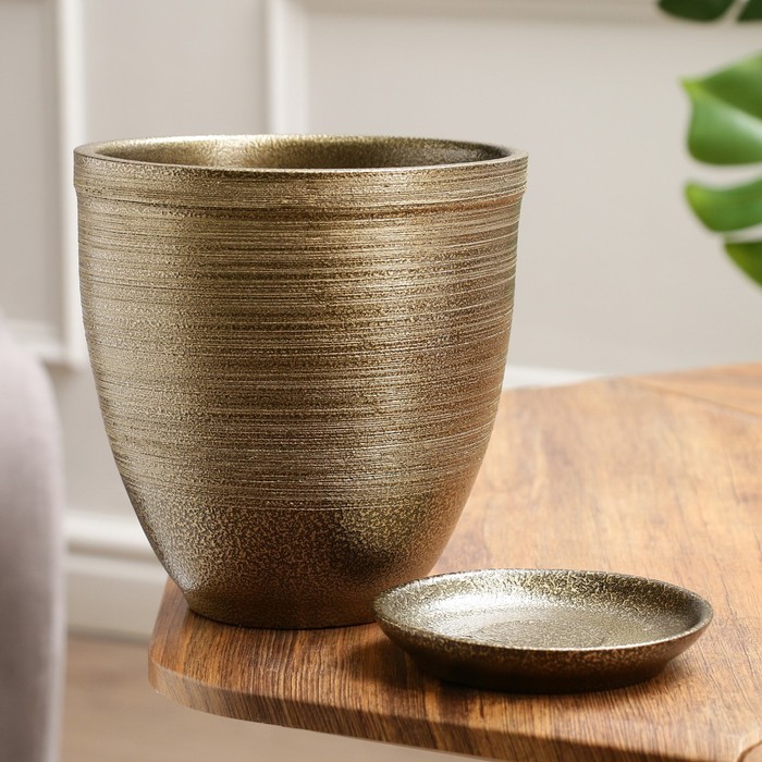 Горшок для цветов «Тёмное золото», керамический, с поддоном, 2.4 л, коричневый