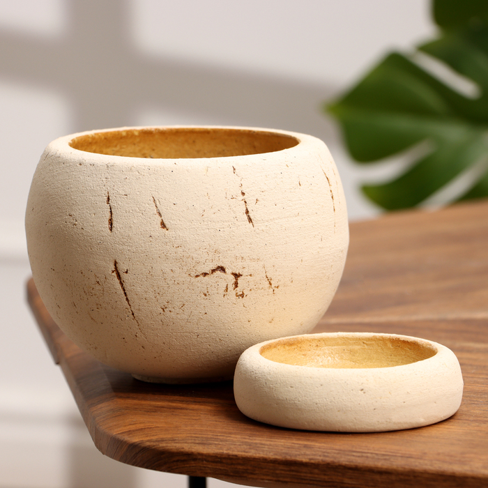 Горшок для цветов «Шар микро», керамический, с поддоном, 1.2 л, d=14 см, h=12 см, бежевый