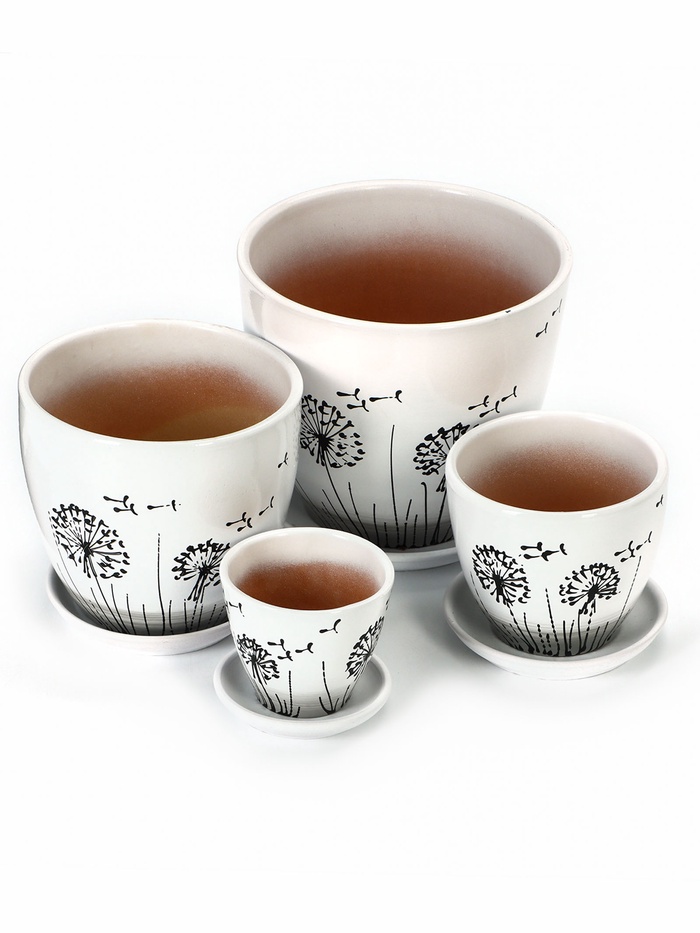 Набор горшков для цветов «Одуванчик», 4 шт., с поддоном, 0.4 / 1 / 2.5 / 5 л, керамика, белые с чёрным рисунком