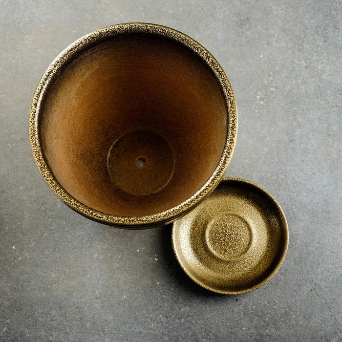 Горшок для цветов «Тёмное золото», керамический, с поддоном, 8 л, коричневый с золотой полосой