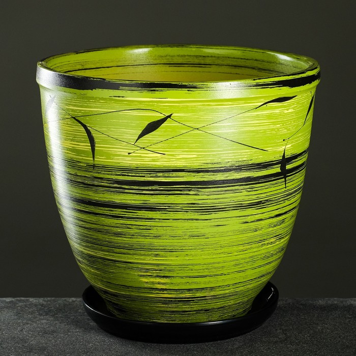 Горшок для цветов «Листья», керамический, с поддоном, 8 л, ярко-зелёный с рисунком