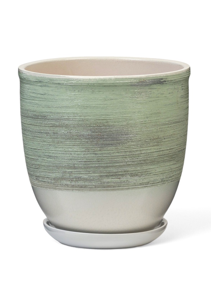 Горшок для цветов «Бабл гам» керамический, с поддоном, 5 л, белый с зелёной полосой