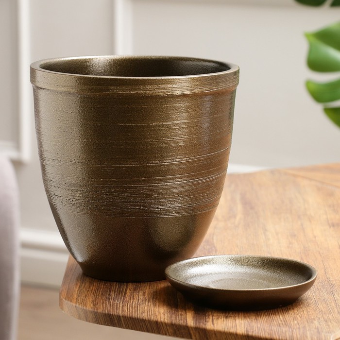 Горшок для цветов «Чёрное золото», керамический, с поддоном, 2.4 л, коричневый с золотой полосой