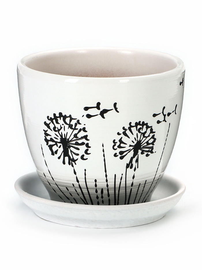 Набор горшков для цветов «Одуванчик», 4 шт., с поддоном, 0.4 / 1 / 2.5 / 5 л, керамика, белые с чёрным рисунком