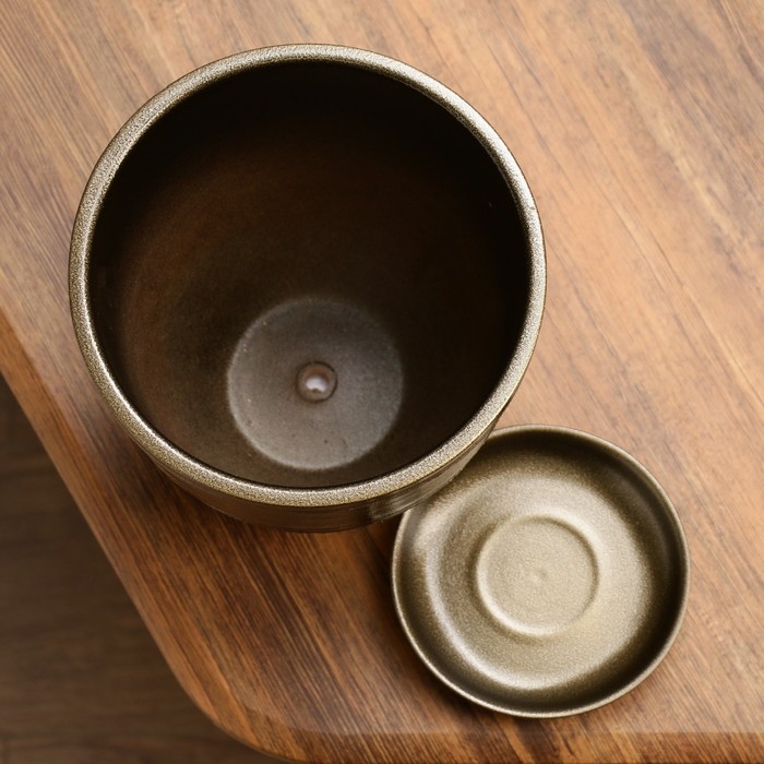 Горшок для цветов «Чёрное золото», керамический, с поддоном, 2.4 л, коричневый с золотой полосой