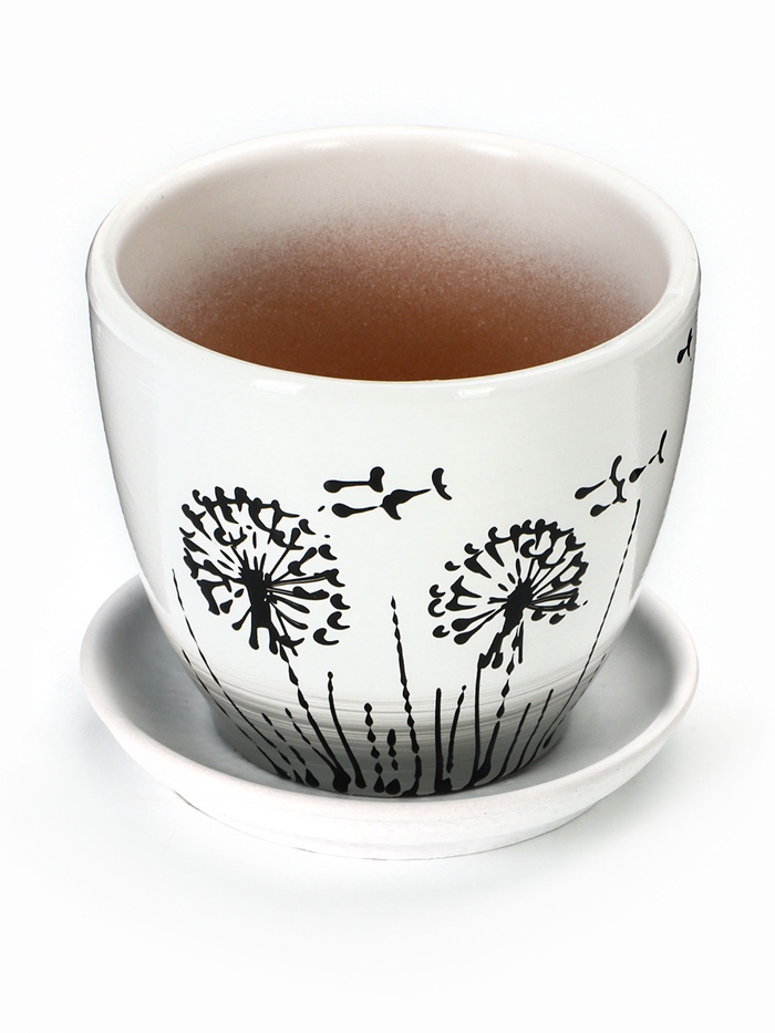 Набор горшков для цветов «Одуванчик», 4 шт., с поддоном, 0.4 / 1 / 2.5 / 5 л, керамика, белые с чёрным рисунком