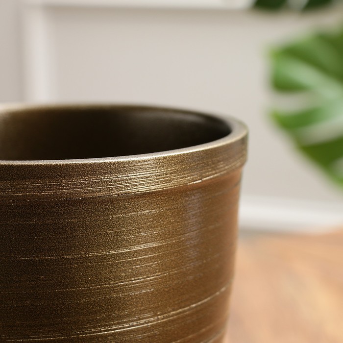Горшок для цветов «Чёрное золото», керамический, с поддоном, 2.4 л, коричневый с золотой полосой