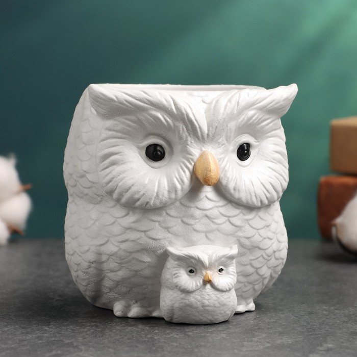 Фигурное кашпо для цветов «Сова с совёнком», 12×14×10 см, гипс, белое