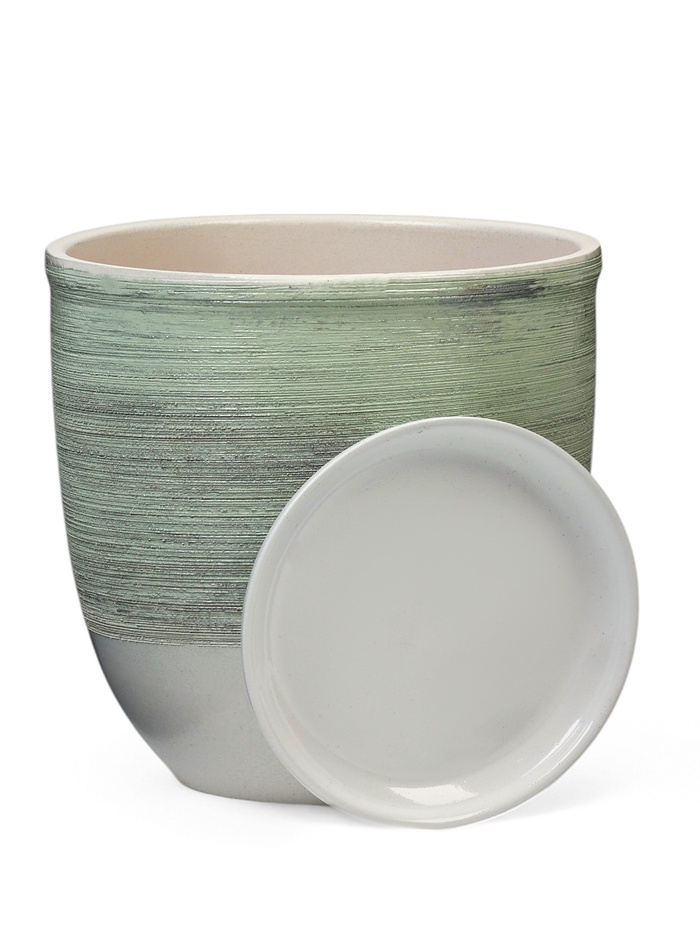 Горшок для цветов «Бабл гам» керамический, с поддоном, 5 л, белый с зелёной полосой