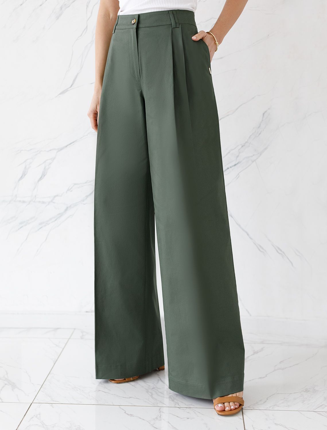 Брюки-палаццо из хлопка с защипами D24.268 темно-оливковый