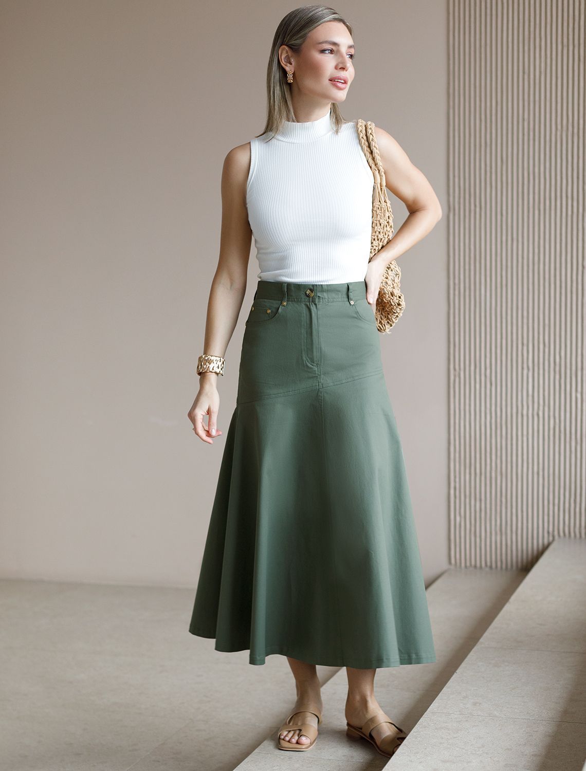 Юбка-годе из хлопка D26.198 темно-оливковый