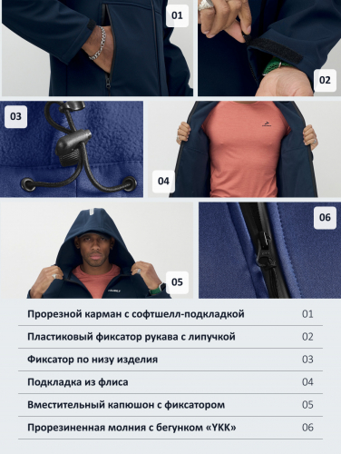 Ветровка спортивная мужская с капюшоном softshell темно-синего цвета 9563TS