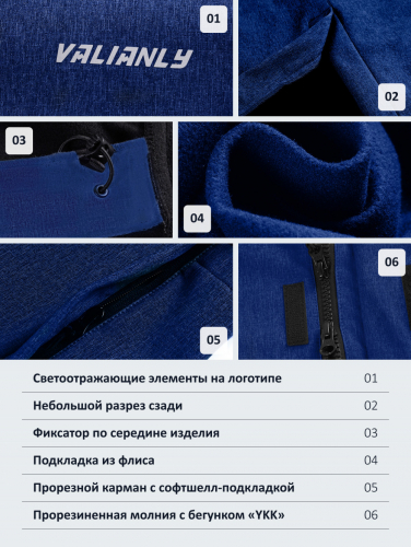 Парка спортивная мужская с капюшоном softshell синего цвета 9565S