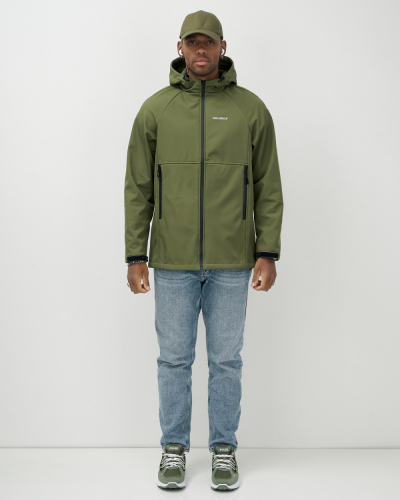 Ветровка спортивная мужская с капюшоном softshell цвета хаки 9563Kh