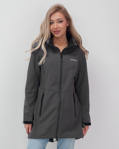 Парка спортивная женская с капюшоном softshell темно-серого цвета 9568TC