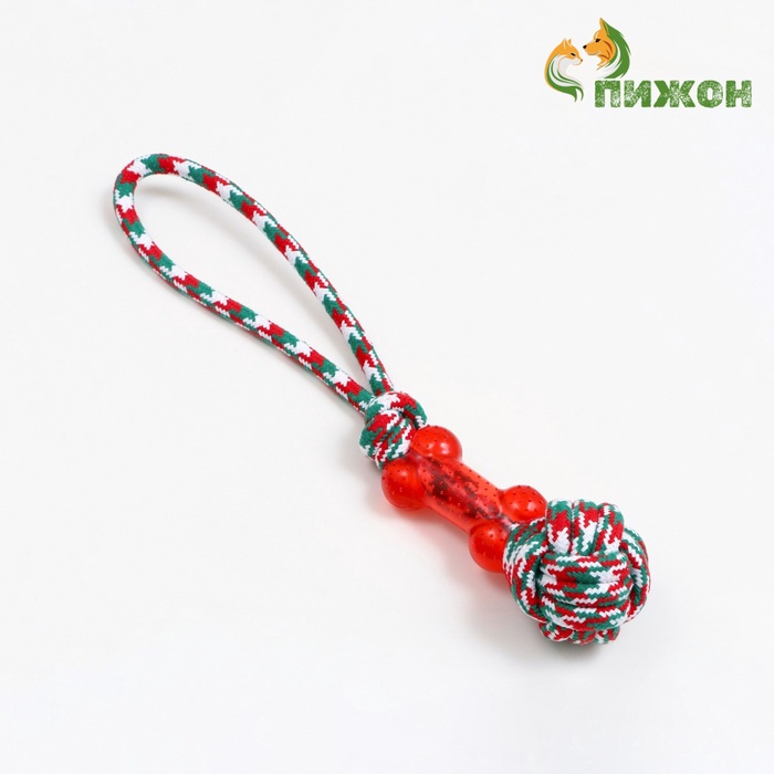 Игрушка канатная с косточкой, до 150 г, до 40 см, красно-бело-зелёная