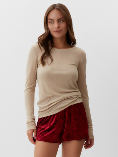Комплект женский домашний (лонгслив и шорты) KAFTAN «Бархат», размер 48-50, бордовый/бежевый