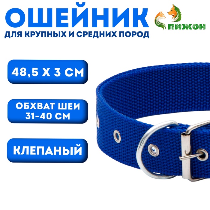 Ошейник клепаный, 48,5 х 3 см, ОШ 31-40 см, полиэстер, синий