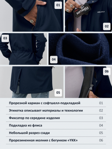 Парка спортивная мужская с капюшоном softshell темно-синего цвета 9565TS