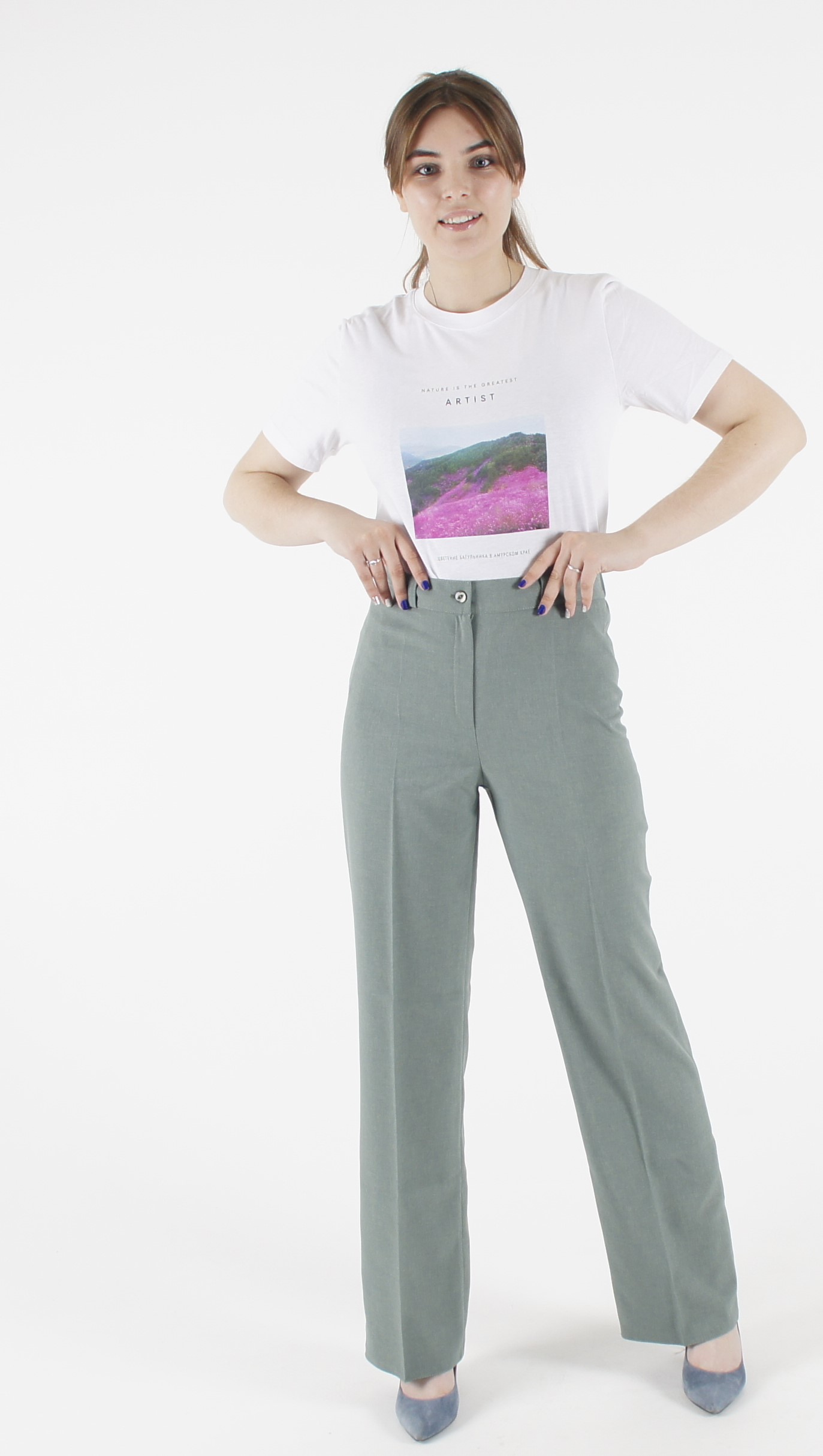 Женские летние брюки Трубы пояс резинка меланж олива