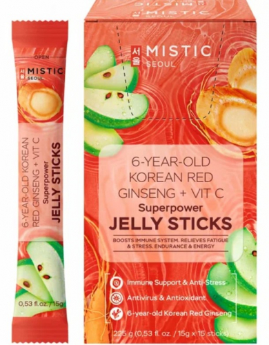 MISTIC 6-YEAR OLD KOREAN RED GINSENG+VIT C SUPERPOWER JELLY STICKS Экстракт красного 6-летнего женьшеня в желе с витамином С 15шт.*15г/кор