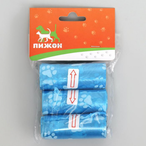 Пакеты для уборки за собаками с печатью (3 рулона по 15 пакетов 29х21 см), микс цветов