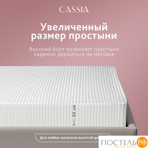 CASSIA ЛЮКС Страйп Сатин бел Простыня на резинке 180х200х30-1, 1 пр., хл/сатин