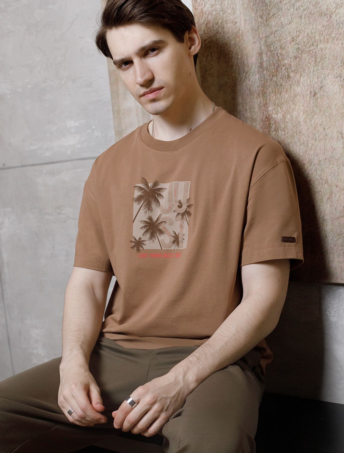 Свободная футболка с авторским принтом U49.048 коричневый_just