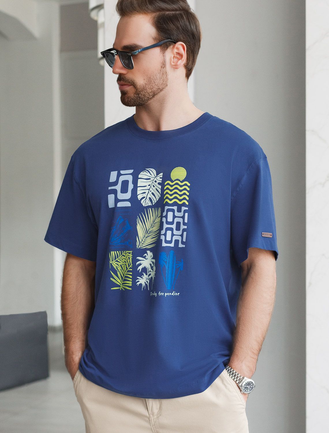 Свободная футболка с авторским принтом U49.048 т.синий_ready for paradise