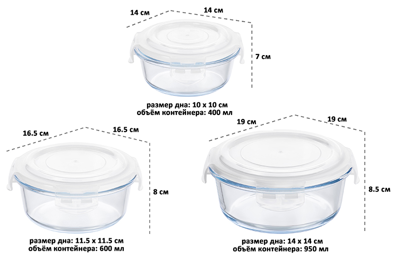 БЫЛО 980 руб! Набор 3 круглых контейнеров 400 мл, 600 мл, 950 мл с пластик. крышк. с защел., с сил.уплотн