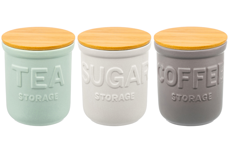 Набор 3 банок д/хранения 750 мл 11,5*11,5*13,5 см с бамбук. крышк. с сил. упл.,сер, беж, светло-зел