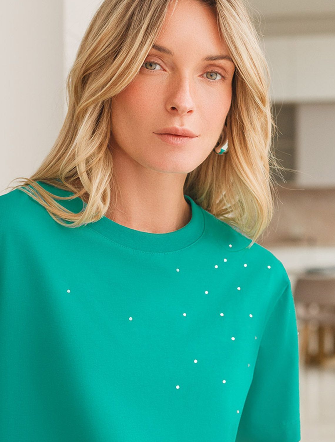 Футболка из премиального хлопка с принтом стразами D49.098 лазурный_стразы