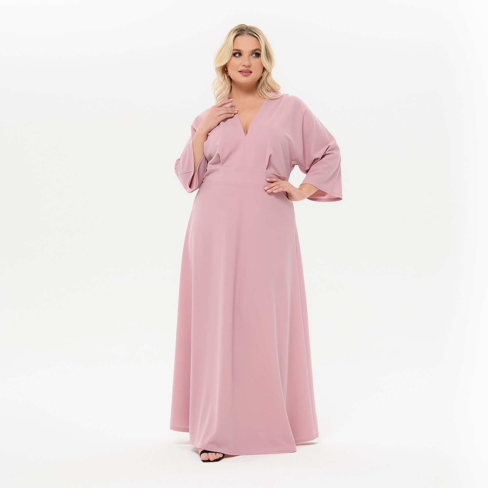 Платье длинное с V- вырезом, пудровое *