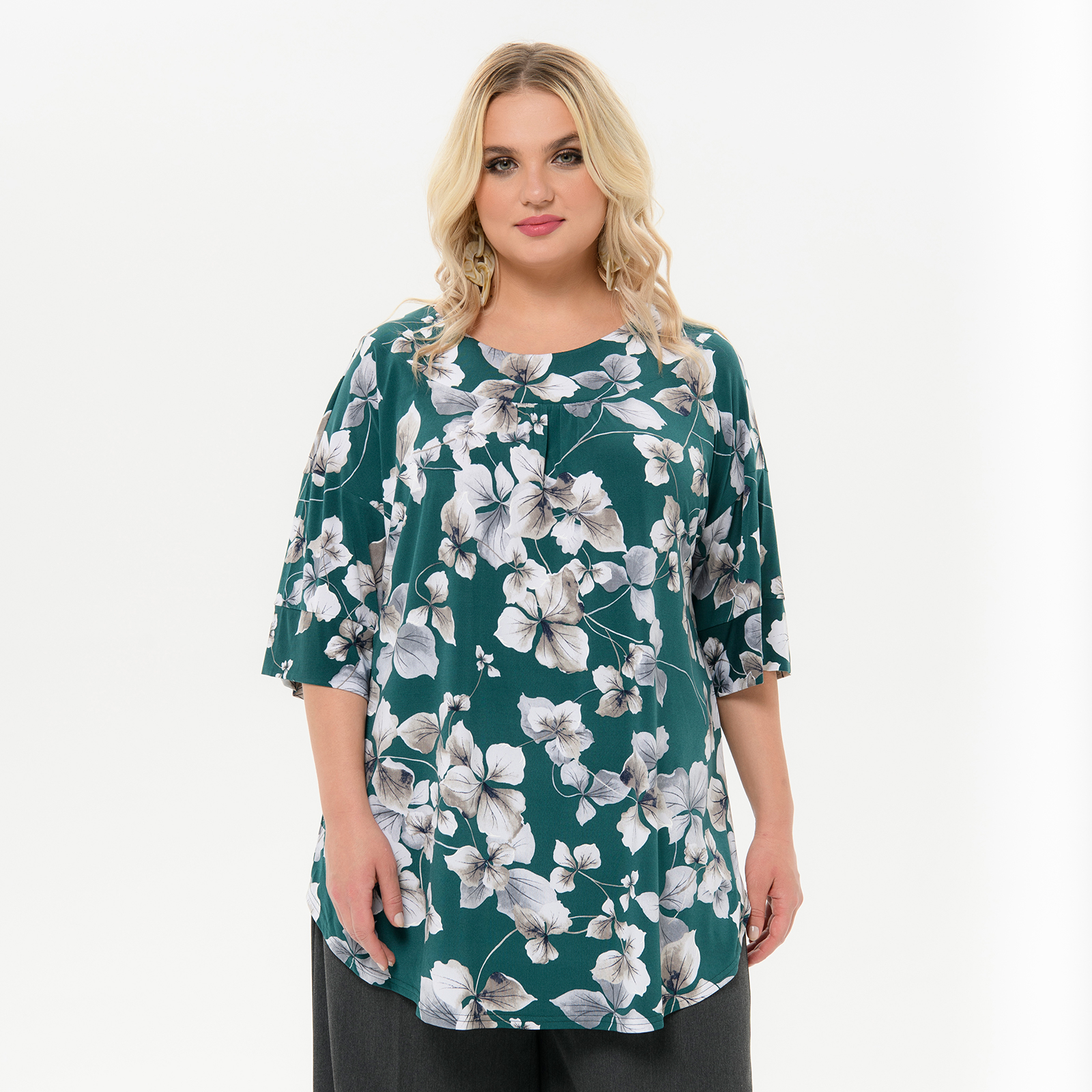 Туника свободная, изумрудная с цветочным принтом *