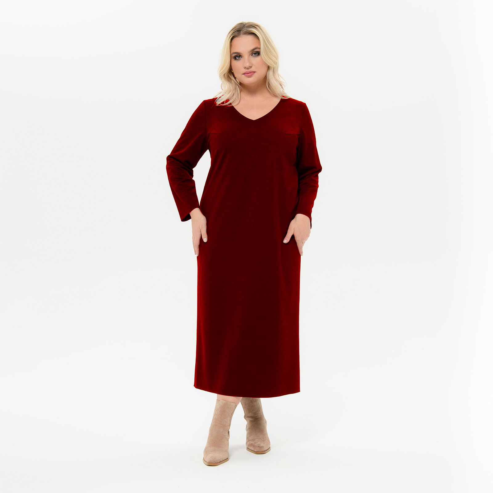 Платье миди с V - вырезом, из плательного крепа с эластаном, бордовое